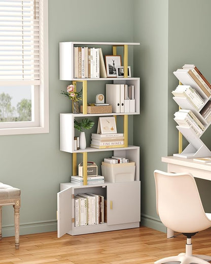 Yusong Geometric Bookcase with Cabinet, S Shaped Bookshelf 5-Tier Book Shelves for Bedroom, Modern Wood Decorative Display Shelf Tall Book Case for Home Office, Gold and White