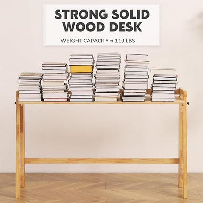 Solid Wood Folding Desk Mid Century Modern Table, 47'' Foldable Writing Computer Desk for Home Office, Simple Study Makeup Workstation, Wooden Study Office Desk Table for Small Spaces, Natural Color