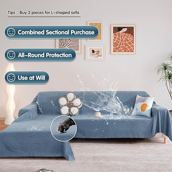 STACYPIK Blue Waterproof Blue Couch Cover, Sofa Cover for 3 Cushion Couch Pet-Friendly, Non-Slip Anti-Scratch Couch Cover for Dogs, L Shaped Sectional Cover, Washable Furniture Protector-71X134IN