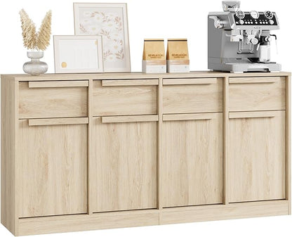 GarveeHome Sideboard Buffet Cabinet with 4 Drawers, 62.4" Large Coffee Cabinet with Storage, Modern Storage Buffet Table for Kitchen Dining Room, Living Room (Pear Wood, 4 Doors & 4 Drawers)