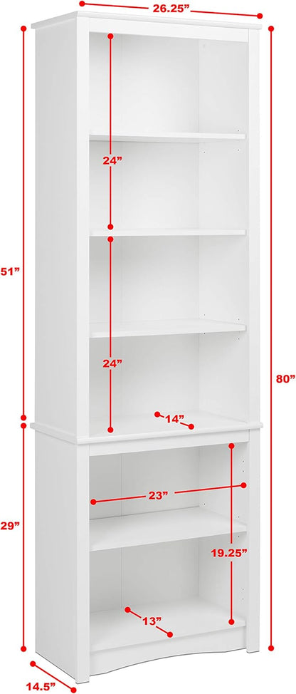 Prepac Sonoma Tall 6-Tier Bookcase 80"H with 2 Adjustable Shelves, White Storage Cabinet, Modern Display Cabinet, Bookshelf with Storage Shelves for Home Office, Living Room, Bedroom Organizer