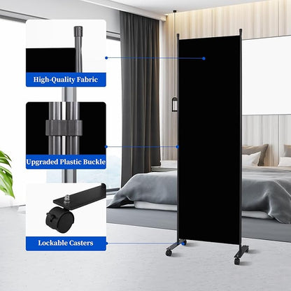 Room Divider 6FT Room Partition with Lockable Wheels, (Thicked Metal Base) Room Dividers, Freestanding Indoor Folding Privacy Screens, Portable Fabric Wall Divider for Room Separation, Black