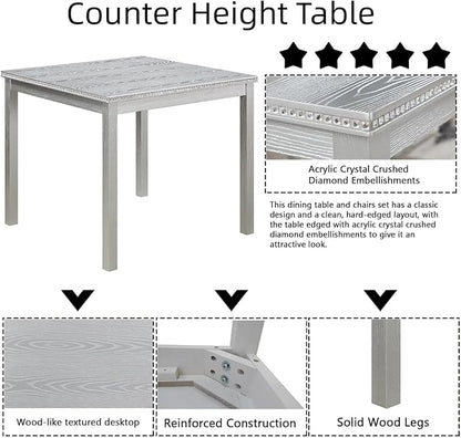 Dining Table Set for 4, 5-Piece Dining Room Table Set with Square Crystal Decoration Table & 4 Upholstered Backrest Chairs, Counter Height Kitchen Sets with Faux Wood Grain Design, Silver Gray