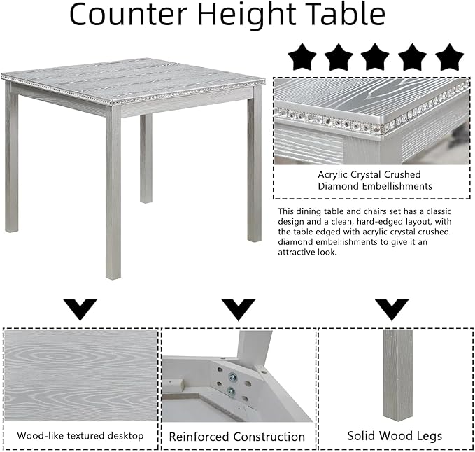 Dining Table Set for 4, 5-Piece Dining Room Table Set with Square Crystal Decoration Table & 4 Upholstered Backrest Chairs, Counter Height Kitchen Sets with Faux Wood Grain Design, Grey
