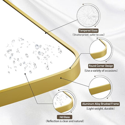 Matte Gold Mirror, 20x30 Inch Brushed Gold Mirror, Aluminum Alloy Framed Vanity Mirror, Rounded Rectangle Bathroom Mirror for Over Sink, Anti-Rust Wall Mirror (Horizontally or Vertically)