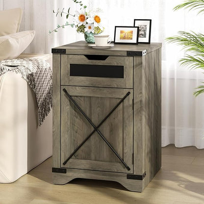 Farmhouse End Table Set of 2 with Charging Station, 26.4" Tall Rustic Nightstand with Drawer and X Barn Door, Country Bedside Sofa Side Table for Living Room, Grey