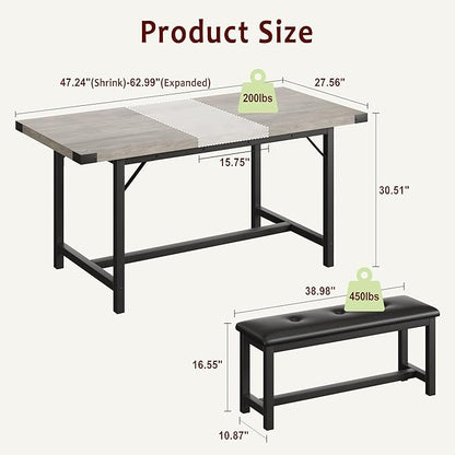 Dining Table Set for 4-6, 63“ Large Extendable Kitchen Table Set, Wood Rectangle Kitchen Table with 2 Soft Benches for Small Space, Apartment, DinnerSaving Space, Grey