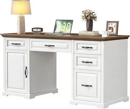 Marsail 60″ Farmhouse Executive Desk, Home Office Desk with Storage Cabinet, Charging Station, Adjustable Shelf, and File Drawer, Rustic Computer Writing Desk for Work & Study, Brown & White
