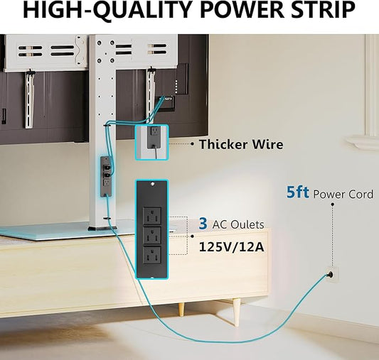 FITUEYES Universal TV Stand with Power Outlets for 50-85 inch TVs, Swivel&Height Adjustable Tall TV Stand for Bedroom Living Room, 27.5''Large Tempered Glass Base Holds up to 143 lbs, Ivory White