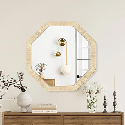 ULIKE Rattan Mirror for Wall, Bathroom 30 Inch Rustic Farmhouse Wall Decor with Handmade Wicker Frame, Boho Woven Mirror for Nursery Bedroom Living Room Entryway