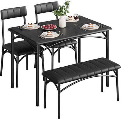 Dining Table Set for 4, Small Dining Table Set with Upholstered Bench and 2 Chairs, Kitchen Table and Chairs for 4, for Small Space, Apartment, Dinner, Rustic Black