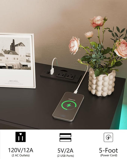 Black Nightstand with Charging Station and LED Lights,Modern Bedside Table with 2 Storage Drawer,Night Stand with Solid Wood Legs,White (Black-2)