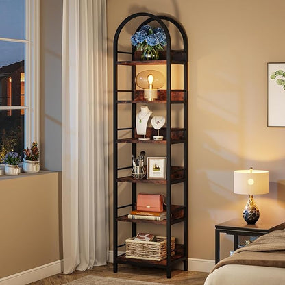 Tribesigns 6-Tier Open Bookshelf, 78.7" Tall Arched Bookcase Narrow Bookshelf with Metal Frame, Freestanding Corner Bookcase Display Shelves for Living Room, Home Office, Rustic Brown