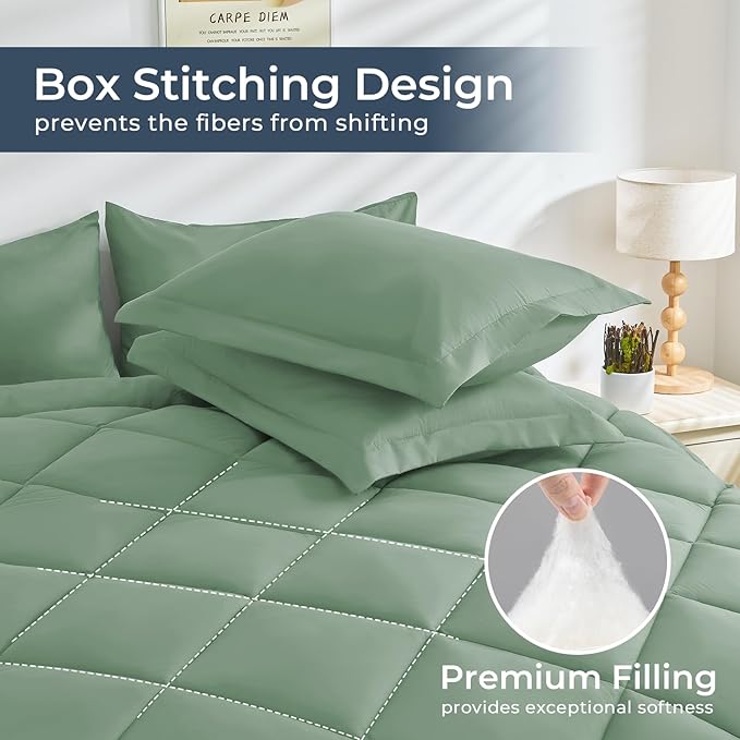 HEVUMYI Light Green Cali-King Comforter Set - 7-Piece All Season Bed in a Bag Cali-King, Ultra Soft Bedding Set with Comforter, Flat Sheet, Fitted Sheet, Pillowcases, Pillow Shams