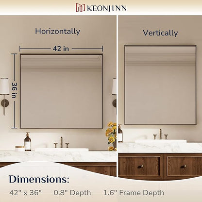 Keonjinn 42 x 36 Inch Brushed Bronze Bathroom Mirror, Rectangle Framed Vanity Mirror for Wall, Large, Modern Farmhouse, Square Corner Bronze Mirrors(Horizontal/Vertical)