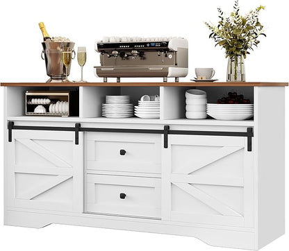 YITAHOME Buffet Cabinet with Drawers, 59" Large Sideboard Buffet Storage Cabinet with Shelves and Doors, Modern Farmhouse Coffee Bar Station Wood Kitchen Table for Kitchen, Dining Room, White