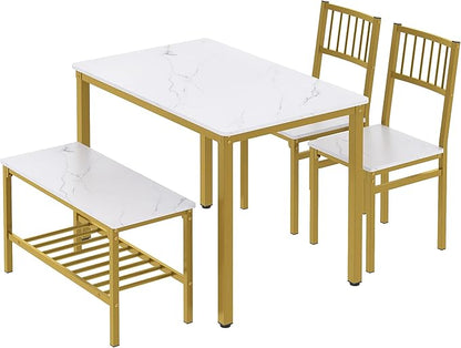 Teraves Dining Table Set for 4/Computer Desk,Kitchen Table with 2 Chairs and a Bench,Table and Chairs Dining Set 4 Picce Set for Dining Room (White Marbling+ Gold Frame,110CM)