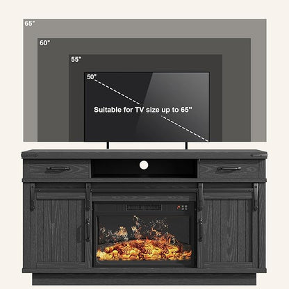 59'' Fireplace TV Stand with 3D Flame Electric Fireplace Heater, 34'' Tall Farmhouse TV Stand for 65 Inch TV, Entertainment Center TV Console with 2 Drawers, Sliding Barn Door for Living Room - Black