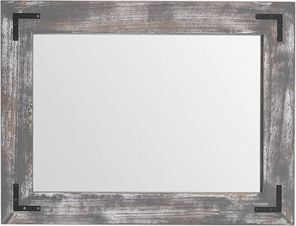 YOSHOOT Rustic Wooden Framed Wall Mirror, 40"x26", Natural Wood Bathroom Vanity Mirror for Farmhouse Decor, Vertical or Horizontal Hanging