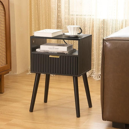 Black Nightstand with Charging Station, Mid Cetury Modern Nightstand with Drawers, Fluted End Side Table with Solid Wood for Bedroom, Dorm and Small Space (Black)