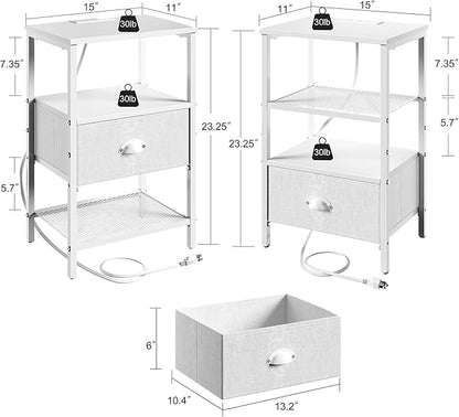 Sthmec Nightstands with Charging Station, LED Bedside Tables with Charging Station and Fabric Drawer, Night Stand with Storage, 3 Tier Side Table with Open Shelf, LED Nightstand Bedside Table,White