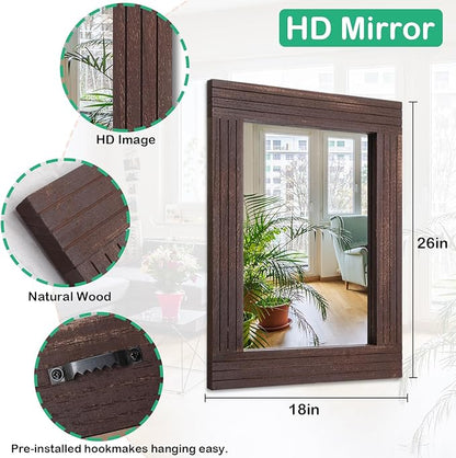 Wood Wall Mirror Rectangular Framed Rustic Vintage Mirrors Decor Farmhouse Bedroom Bathroom Mirror for Dressing Table Entrance Large 26"x18" Brown