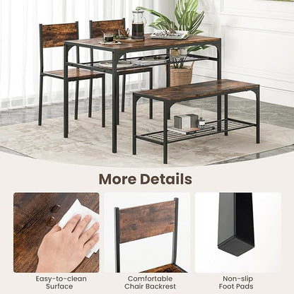 Tangkula Dining Table Set for 4, Kitchen Table and 2 Chairs for 4 with Bench, Additonal Storage Rack, 4 Piece Dining Table Set for Small Space, Apartment