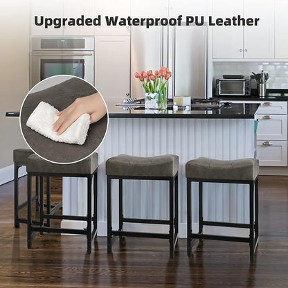 Counter Height Bar Stools Set of 2, 24 Inch Stools for Kitchen Counter with Thick Saddle Seats and Barstools Metal Frame, Modern Backless Counter Height Stool for Kitchen Island Bar Grey