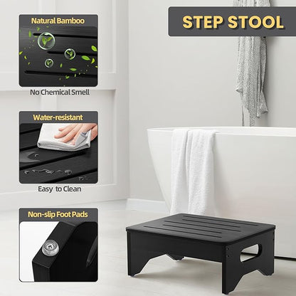 Wooden Step Stool for Adults & Kids, Non-Slip Rubber Feet, 6.5 Inch High, Lightweight Small Step, 400 Lbs Capacity, Bed Step Stool for High Bed, Bathroom & Kitchen, Black