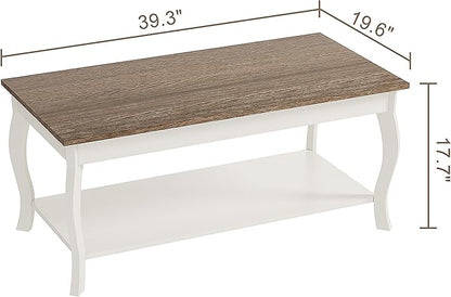 ChooChoo Coffee Table, Rustic Center Table with Curved Legs and Storage Shelf, 39" Coffee Table for Living Room, Soft White