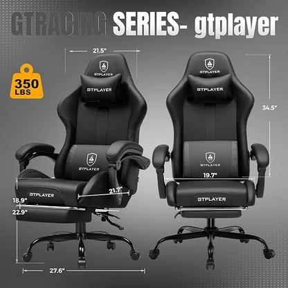 GTRACING Gaming Chair with Foot Rest & Pocket Spring Cushion, Ergonomic High Back Computer Chair with Headrest & 360°-Swivel Seat for Home Office Desk, PU Leather, Black
