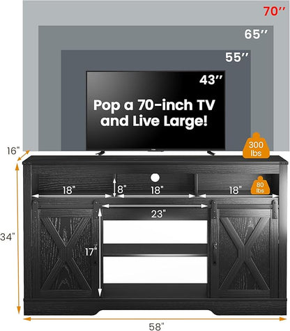 RoyalCraft Farmhouse Fireplace TV Stand for 65+ Inch TV, Entertainment Center with 23" Electric Fireplace with Remote, 34" Tall Modern Rustic TV Console with Sliding Bar Door for Living Room, Black