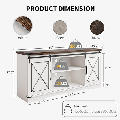 CABIHOME Farmhouse TV Stand and Entertainment Center for TV Up to 65 Inches with Sliding Barn Doors, TV Media Storage Console Table and Furniture for Living Room, Bedroom, White & Brown