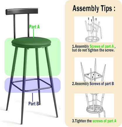 Bar Stools, Set of 2 High Kitchen Barstools, Bar Chairs with Backrest and Footrest, Industrial Counter Stools with PU Soft seat, for Kitchen, Living Room, Pub, Black BS-013BK