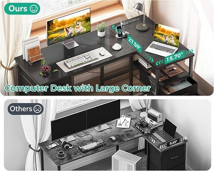 Coleshome L Shaped Computer Desk with 6 Drawers & Power Outlet, 55 Inch Corner Desk with Reversible Storage Shelf & File Drawer, Home Office Desk, Black