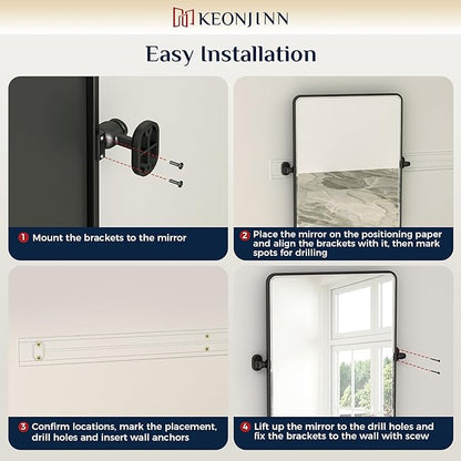 Keonjinn Pivot Mirror Bathroom, 20 x 24 In Beveled Tilt Mirror Bathroom, Matte Black Farmhouse Rectangular Metal Framed Mirrors, Rounded Corner Rectangular Vanity Mirrors for Wall, Horizontal/Vertical