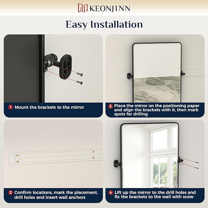 Keonjinn Black Pivot Mirror Bathrooms, 20x30 in Tilt Mirror Bathroom for Over Sink, Black Rounded Corner Farmhouse Pivot Rectangle Mirrors, Metal Framed Beveled Bathroom Mirrors (Horizontal/Vertical)