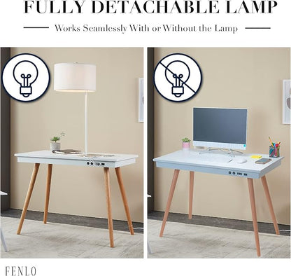 FENLO Future 39" Mid Century Modern Desk for Home Office, Office Desk with USB Charging Station, Wireless Charging, USB, USB-C Ports, White