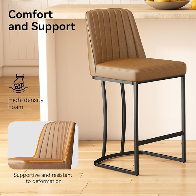 Counter Height Bar Stools Set of 2, Upholstered Leather Barrel Barstools with Back and Metal Legs for Kitchen Island, 27.4" Seat Height, Fabric in Faux Leather, Rustic Brown