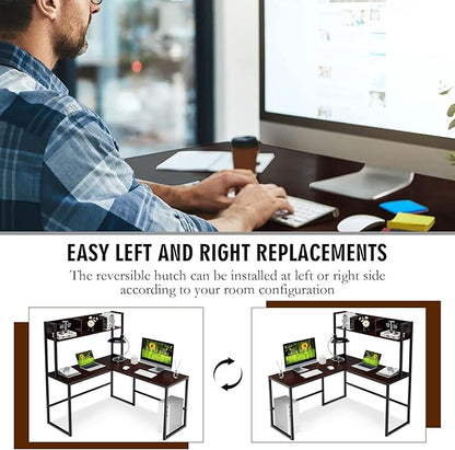 Tangkula Reversible L-Shaped Desk with Hutch, Space Saving Corner Computer Desk with Storage Shelves, Home Office Study Writing Desk Computer Workstation with Storage Bookshelf, Gaming Desk
