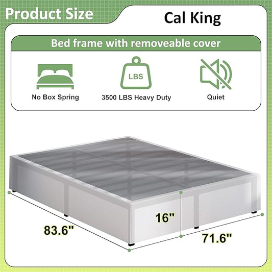 16 Inch Cal King Bed Frame with White Skirt Cover, Metal California King Bed Frames with Storage, No Box Spring Needed, Heavy Duty, Easy Assembly, Noise Free, Mattress Foundation