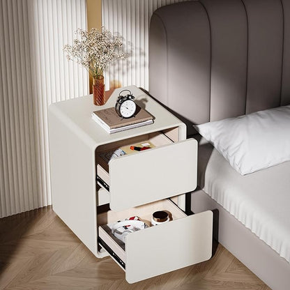VICITON Modern Narrow Faux Leather Nightstand, Solid Wood Drawer, Storage Accent Table, Small Side End Table for Bedroom (Cream White, Large(15.7inch))