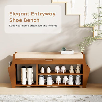 39.4in Shoe Bench with 2 Side Holder, 3 Tier Bamboo Entryway Bench with Storage, Shoe Rack Bench Organizer with Cushion for Entryway Hallway Living Room, Holds up to 330lbs