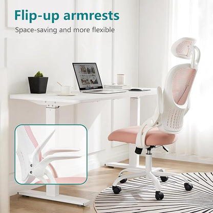 SMUG Office Desk Chair - Ergonomic High Back Computer Task Chair with Comfy Lumbar Support and Adjustable Headest, 360° Swivel, Flip-up Armrest for Home, Bedroom, Gaming, Study, Student, Pink