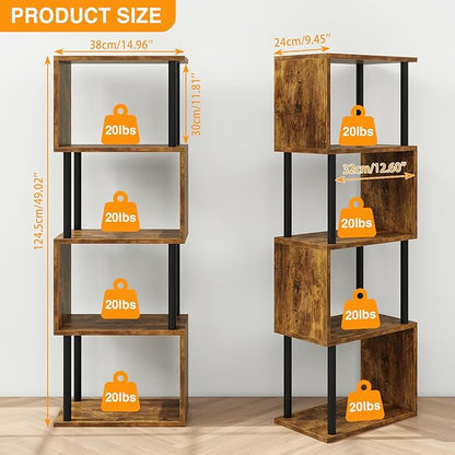 IBUYKE 5-Tier Tall Bookshelf,S-Shaped Geometric Bookcase, Wood Display Shelves with Storage,Industrial Bookshelf for Living Room Bedroom, Home Office, Rustic Brown WBC015H