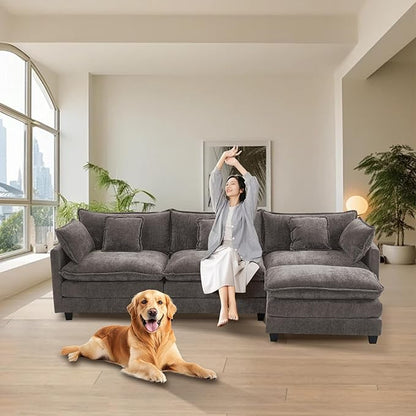 Furniliving 112‘’ L-Shaped Sofa, Luxury Chenille Modular Sectional Couches with Ottoman, Upholstered Deep Seat Sleeper Sofa with Memory Foam and Waist Pillows, Grey