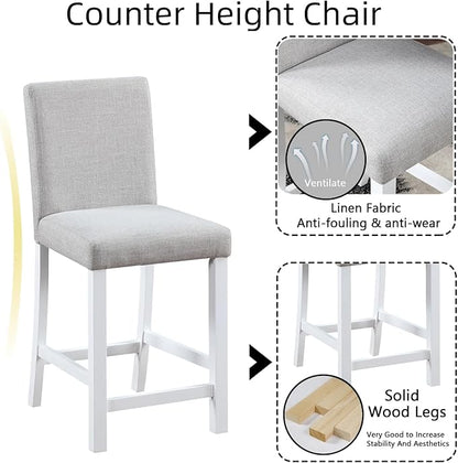 Dining Table Set for 4, 5-Piece Dining Room Table Set with Square Crystal Decoration Table & 4 Upholstered Backrest Chairs, Counter Height Kitchen Sets with Wood Grain & Footrest, White