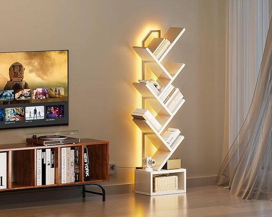 Casaottima White Tree Bookshelf with LED Light Strip — 6-Tier Small Floor Standing Bookcase, Narrow Steel & Wood Book Organizer Shelf with Cabinet, Home Decor for Living Room/Bedroom/Home Office