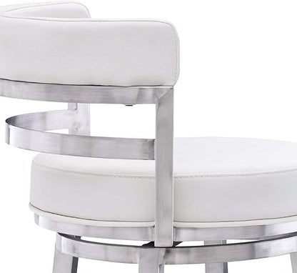 Armen Living Titana 30" Bar Height Swivel White Faux Leather and Brushed Stainless Steel Bar Stool