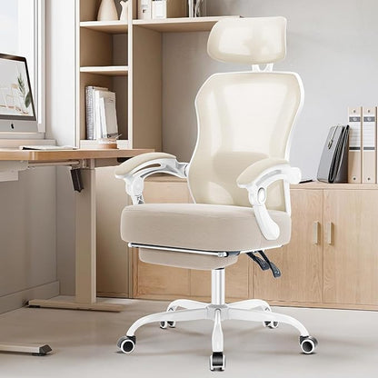 Ergonomic Office Chair with Footrest,Ultra Thick Reclining Desk Chair with Adjustable 2D Lumbar Support and Headrest,Spring Cushion,High Back Premium Mesh Computer Chair,Cream